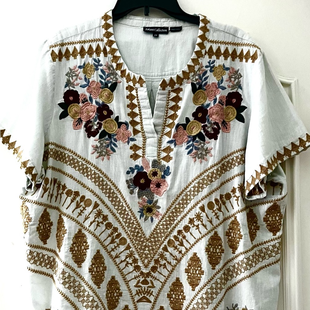 Boho Light Cream Floral-Embroidered Top, 2X